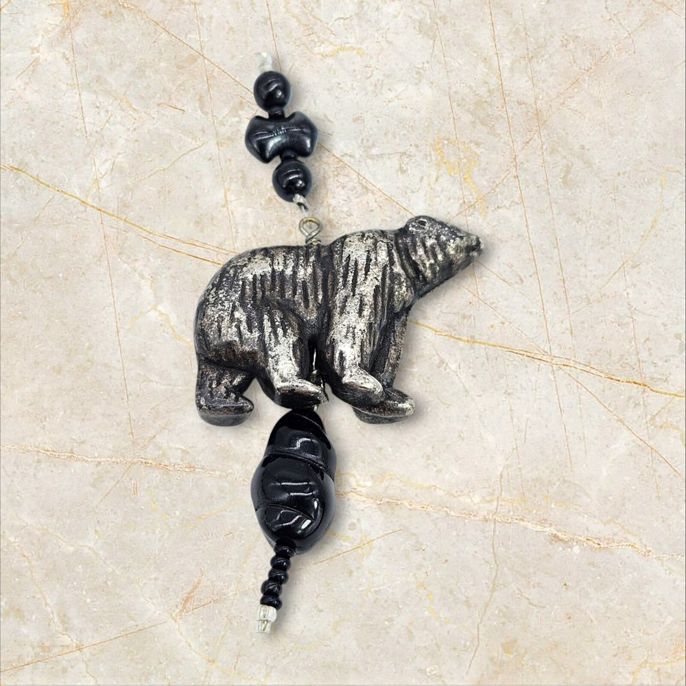 Snowflake Obsidian Hematite Black Onyx Stone Necklace Bear Healing Protection